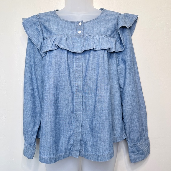 Madewell | Chambray Long Sleeve Ruffled Yoke Bib Cottage Core Prairie Blouse - Picture 3 of 15